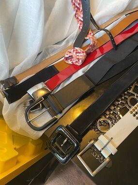 Banana Republic Black Patent & Leather Mixed Belts Set with Red Accent